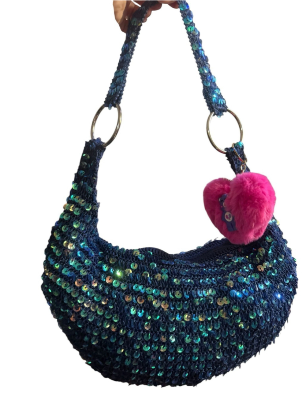 💙 Blue Sequin Shoulder Bag w/ Ring Handles + Pink Pom Charm 💖✨